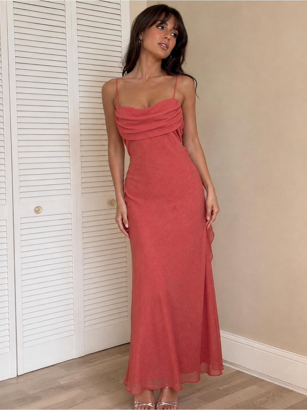 VTG YK2 Formal Cowl Neck Fairy Dress Long Size 8 Coral Glitter Mermaidcore Betsy